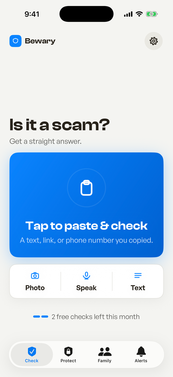 Bewary Check screen, offering paste, photo, speak and type