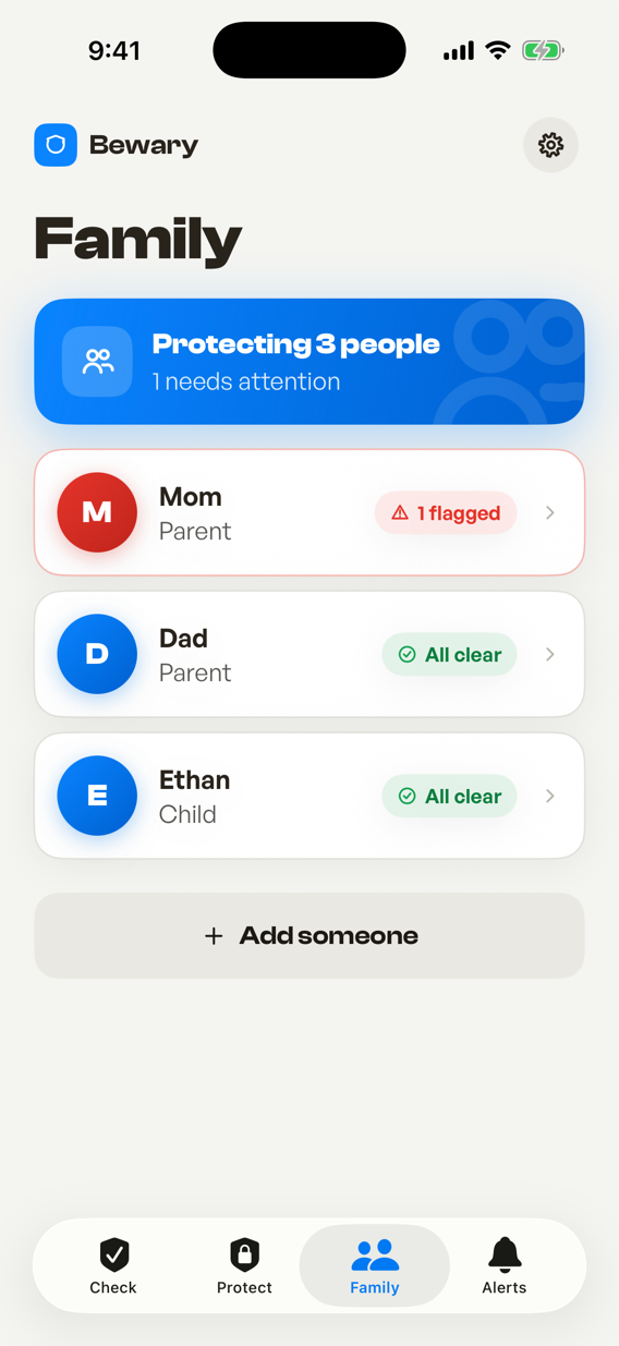 Bewary Family tab showing protected relatives