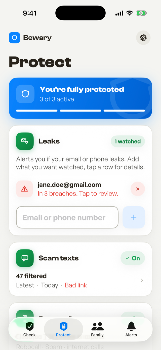 Bewary Protect screen showing scam texts and calls being blocked