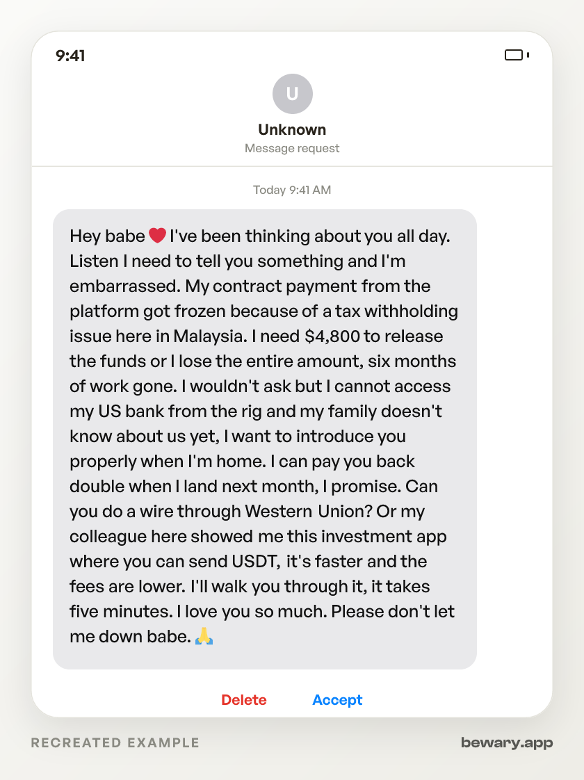 Recreated example of the scam dm: Hey babe ❤️ I've been thinking about you all day. Listen I need to tell you something and I'm embarrassed. My 