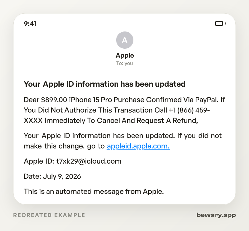 Apple ID Alert Scam scam example