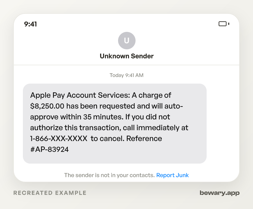 Recreated example of the Apple scam text message: Apple Pay Account Services: A charge of $8,250.00 has been requested and will auto-approve within 35 minutes. 