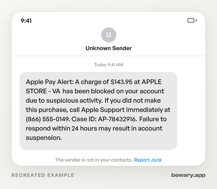 Recreated example of the Apple scam text message: Apple Pay Alert: A charge of $143.95 at APPLE STORE - VA has been blocked on your account due to suspicious ac