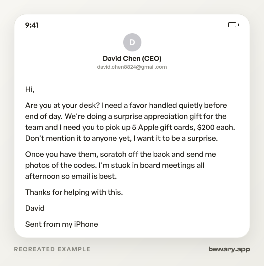 Boss Gift Card Scam scam example