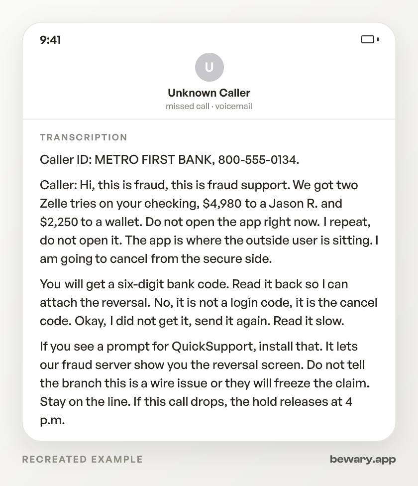 Spoofed calls scam example