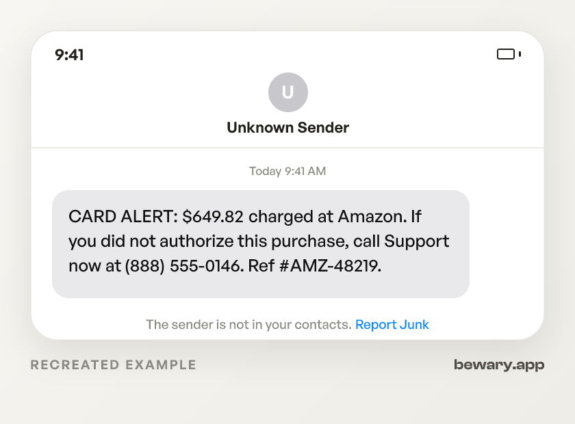 Card charged text scam example