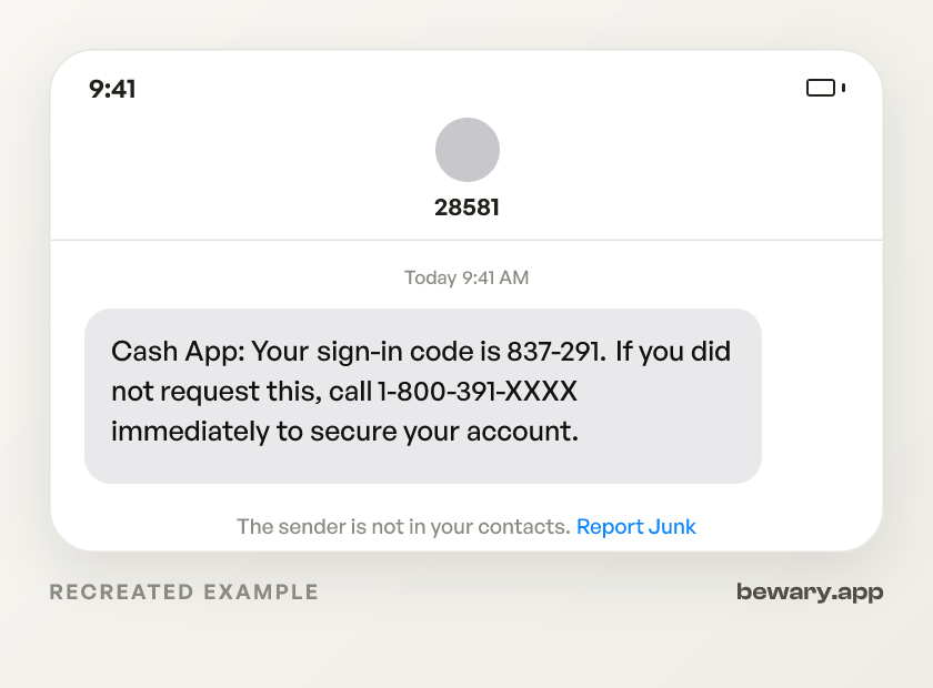 Cash App Code Text scam example