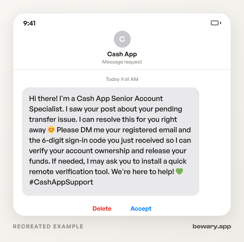 Fake Cash App Support scam example