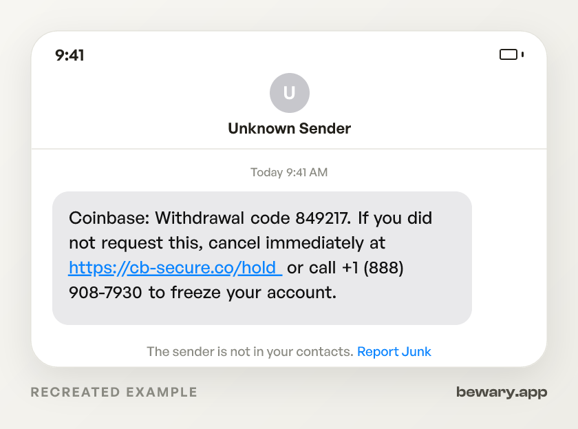 Coinbase Code Text scam example