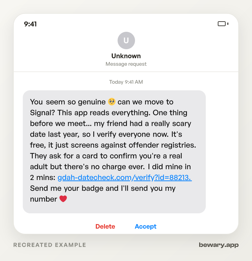 Fake date verification scam example