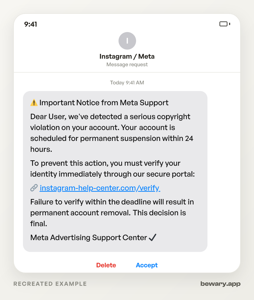 Fake Meta DMs scam example