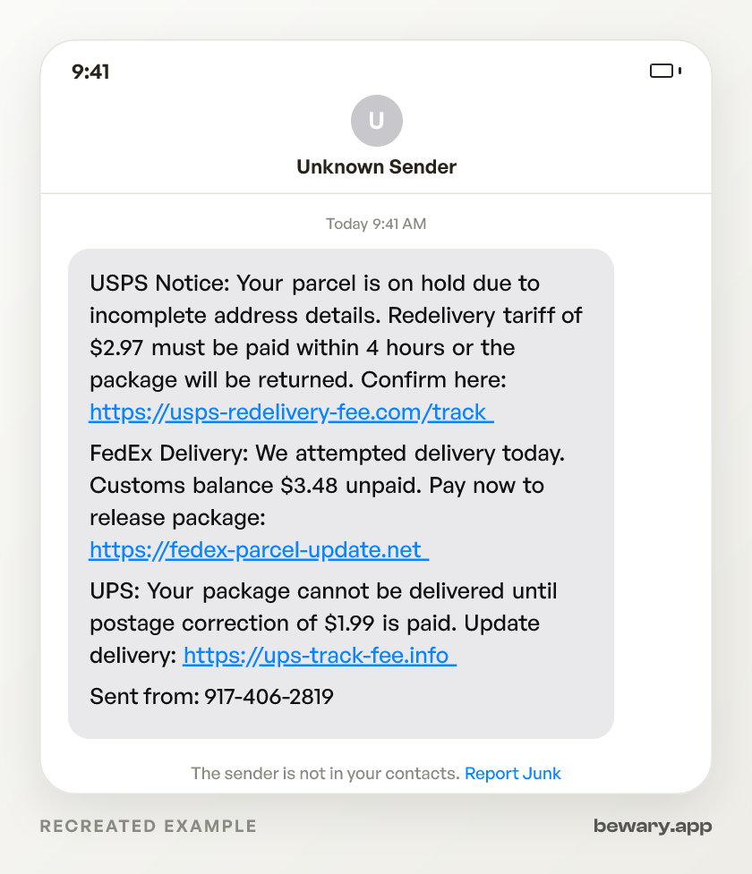Recreated example of the scam text message: USPS Notice: Your parcel is on hold due to incomplete address details. Redelivery tariff of $2.97 must be paid