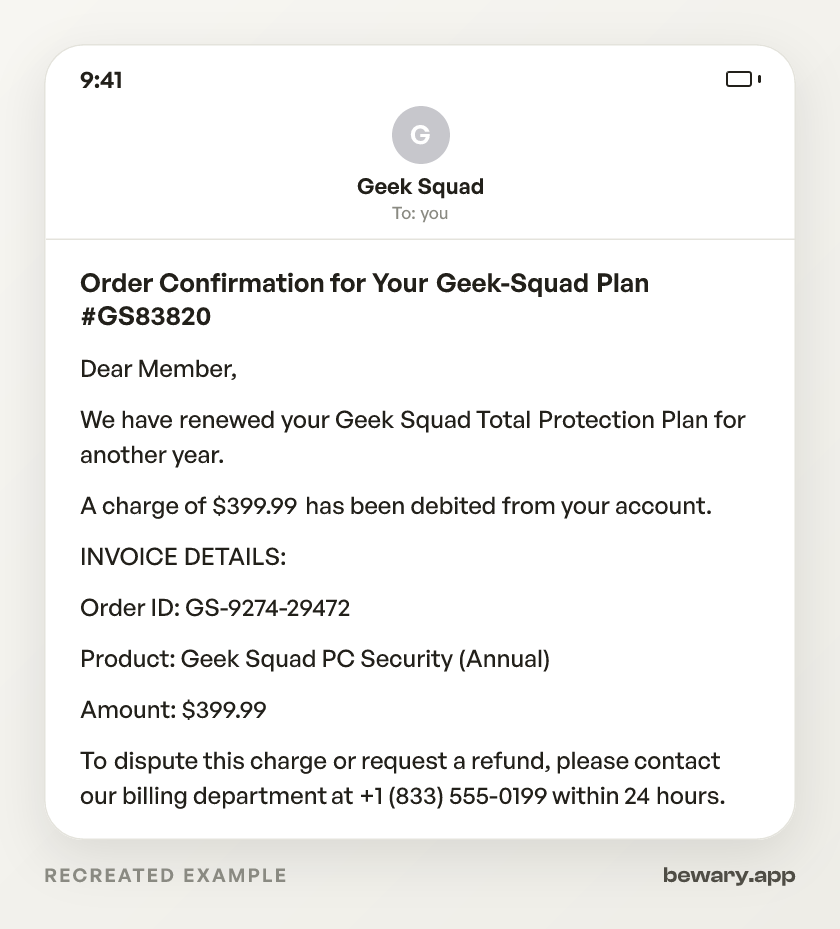 Geek Squad Renewal Scam scam example