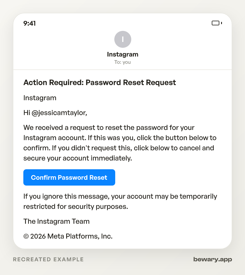 IG Reset Email scam example