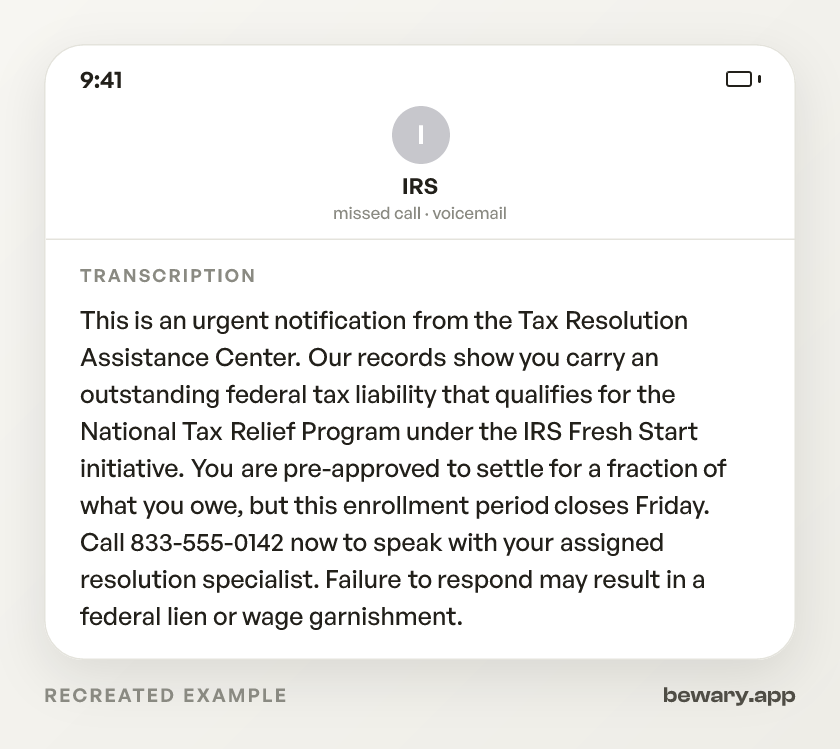 IRS Forgiveness Call scam example