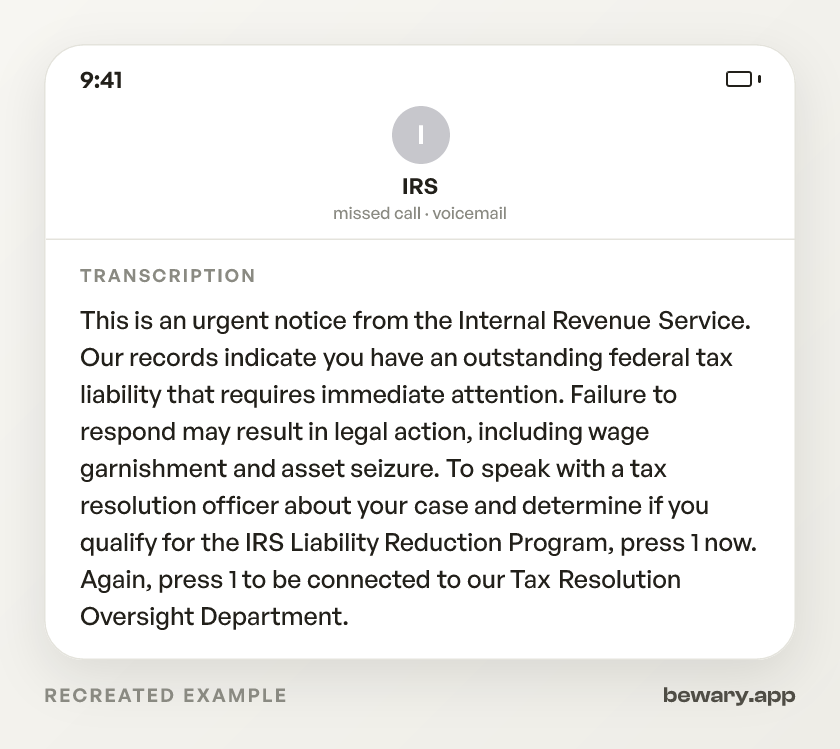 IRS Robocall Scam scam example