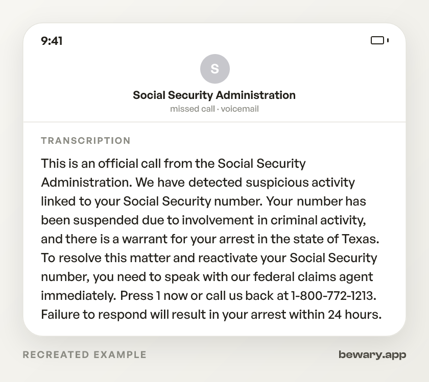 SSA Suspension Call scam example