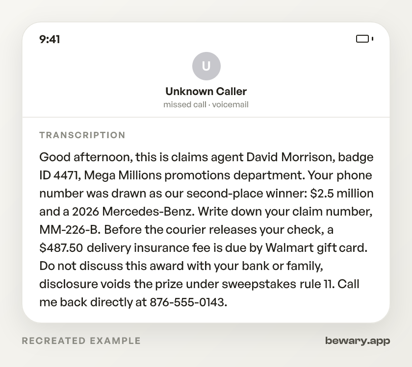 Fake Lottery Call scam example