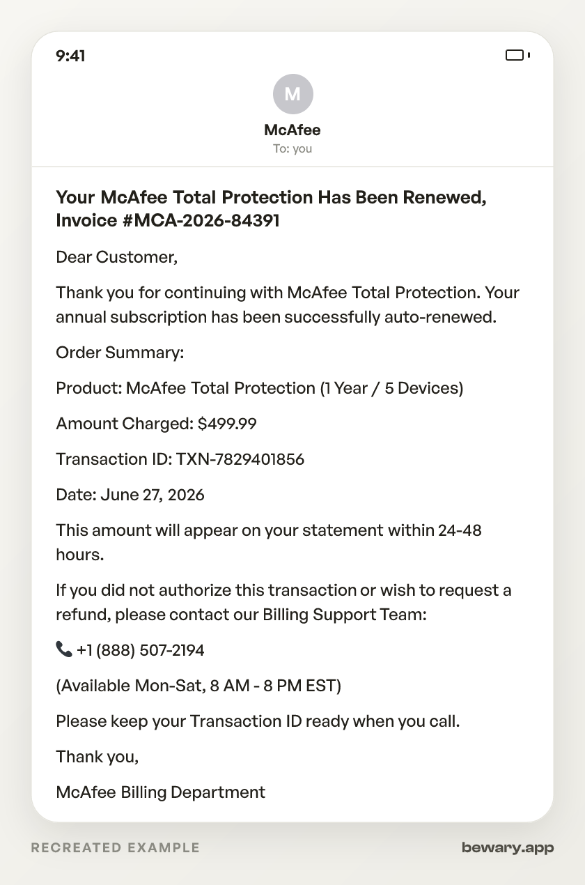 McAfee Renewal Scam scam example