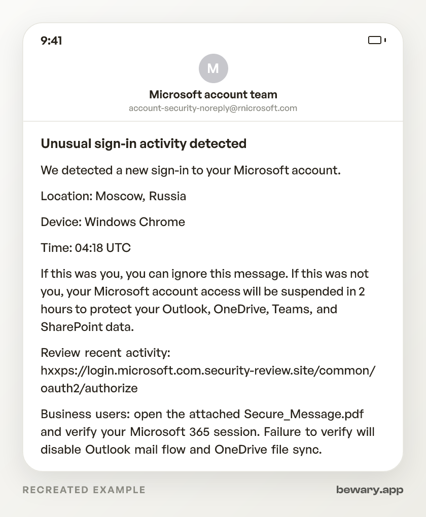 Recreated example of the Microsoft scam email: Subject: Unusual sign-in activity detected
From: Microsoft account team <account-security-noreply@rnicrosoft.c