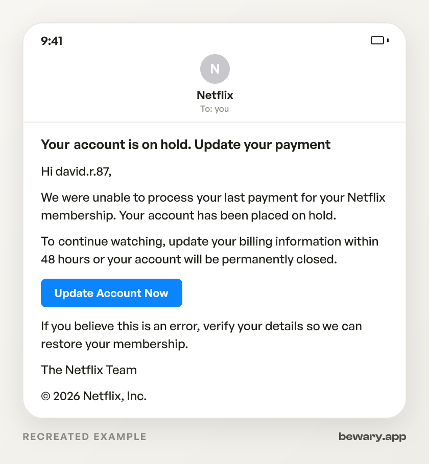 Netflix Hold Email scam example