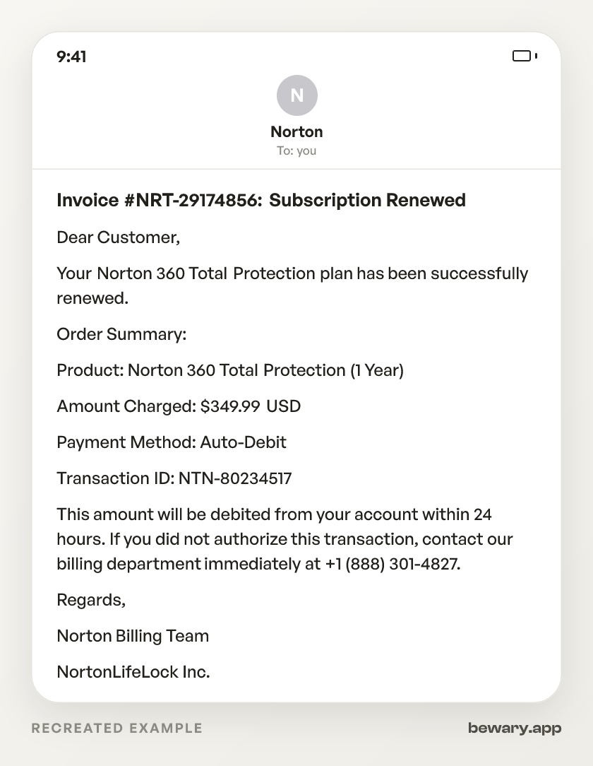 Norton Invoice Scam scam example