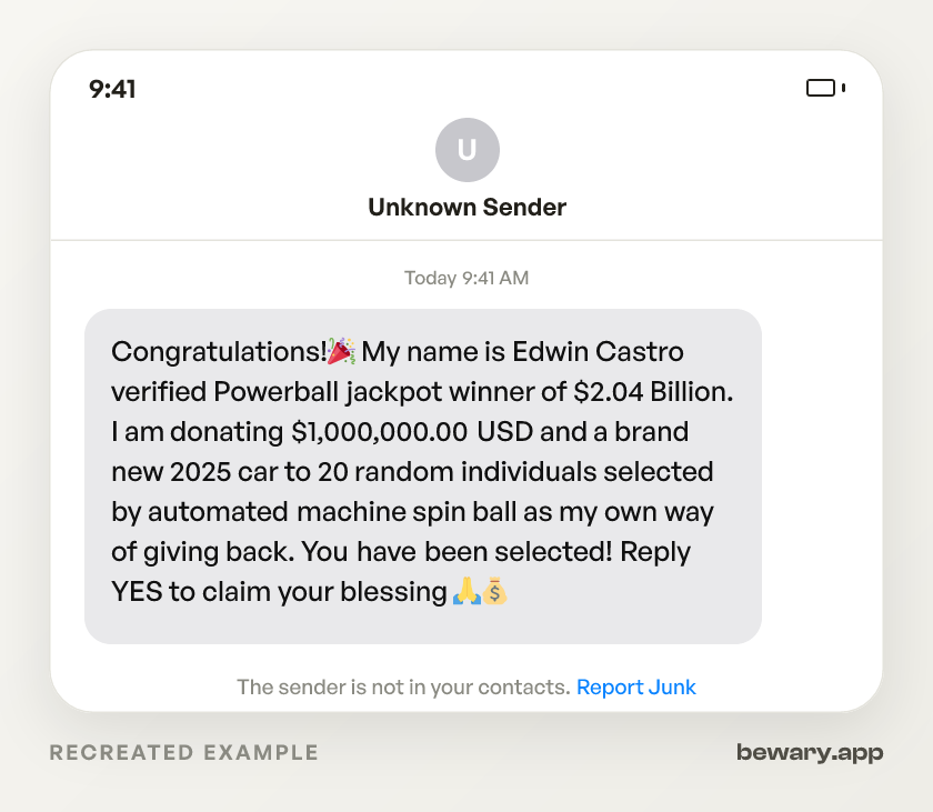 Lottery Donation Text scam example