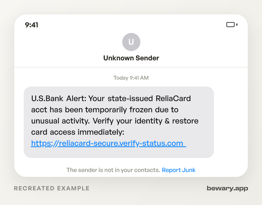 ReliaCard Frozen Text scam example