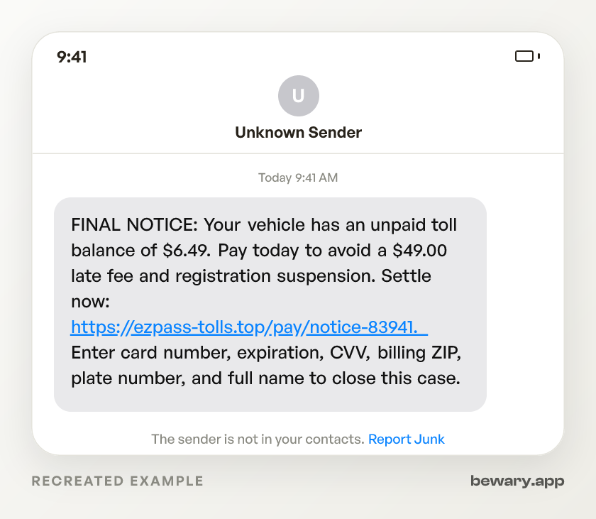 Recreated example of the Government toll agencies scam text message: FINAL NOTICE: Your vehicle has an unpaid toll balance of $6.49. Pay today to avoid a $49.00 late fee and regis