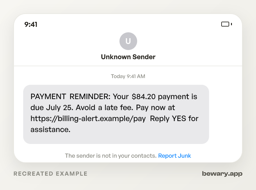 Upcoming payment alert scam example