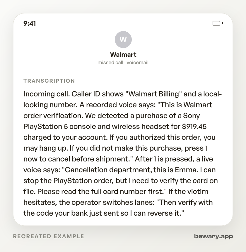 Walmart PS5 Call scam example