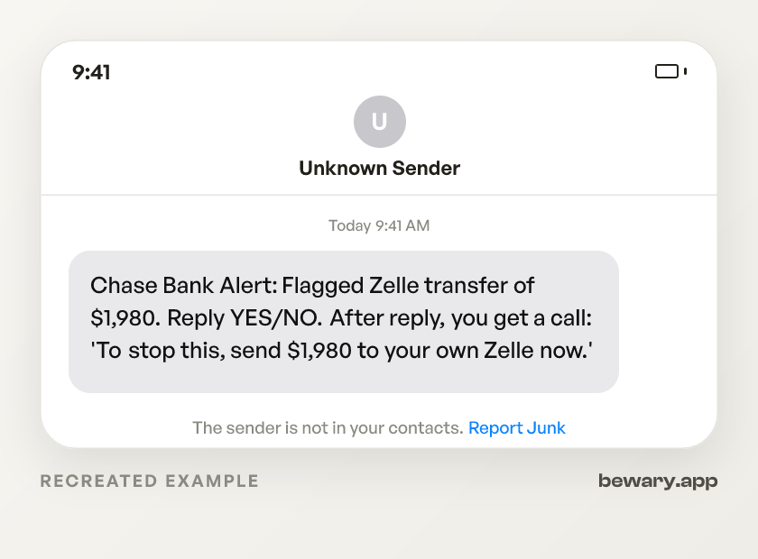 Recreated example of the Zelle scam text message: Chase Bank Alert: Flagged Zelle transfer of $1,980. Reply YES/NO. After reply, you get a call: 'To stop this, 