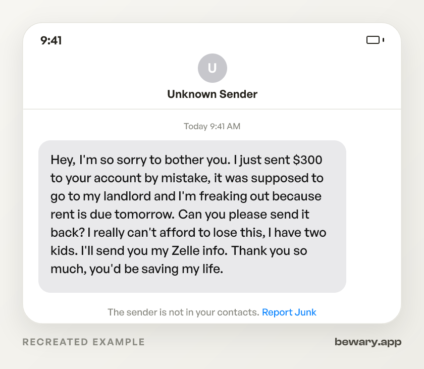 Recreated example of the scam text message: Hey, I'm so sorry to bother you. I just sent $300 to your account by mistake, it was supposed to go to my land